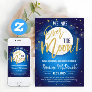 Over The Moon Galaxy Space Themed Baby Shower Invitation