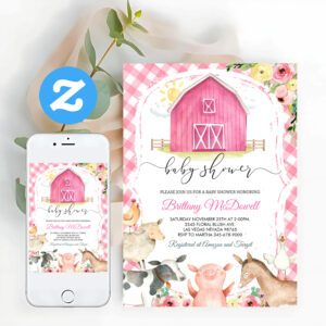 Girl Pink Farm Animals Baby Shower Invitation