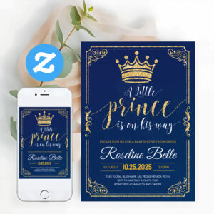 Little Prince Crown Navy And Gold Boy Baby Shower Invitation