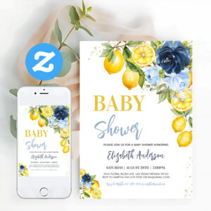 Navy Blue Lemon Citrus Floral Baby Shower Invitation