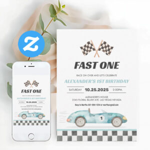 Fast One Racing Car Vintage First Birthday Invitation