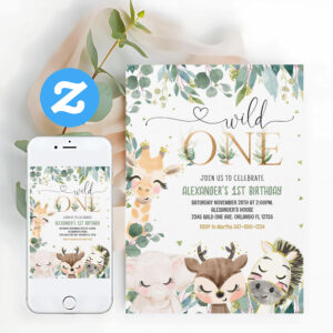 Wild One 1st Gold Jungle Animals Birthday Invitation