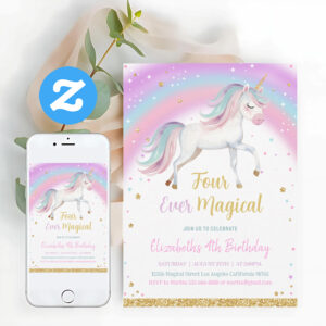 Four Ever Magical Unicorn 4th Birthday Invitation