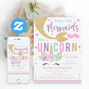 Kisses And Unicorn Wishes Unicorn Mermaid Birthday Invitation