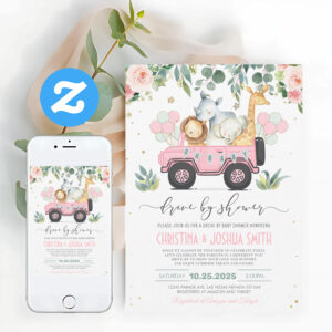 Safari Animal Drive Through Baby Shower Girl Invitation