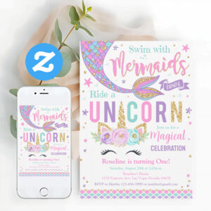 Mermaid And Unicorn Magical Birthday Invitation