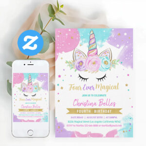 Four Ever Magical Girls 4th Unicorn Birthday Invitation