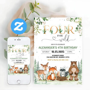 Four Ever Wild Woodland 4th Birthday Invitation