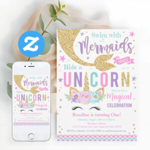 Mermaid And Unicorn Magical Birthday Invitation