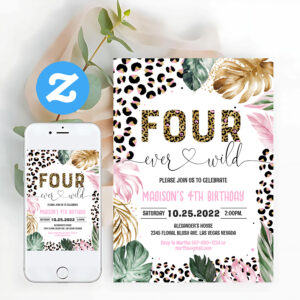 Four Ever Wild Leopard Print Jungle Birthday Invitation
