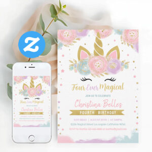 Four Ever Magical Unicorn Birthday Invitation