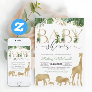 Safari Gold Elephant Giraffe Baby Shower Invitation