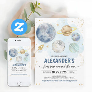 First Trip Around The Sun Outer Space Birthday Invitation