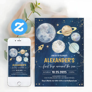 First Trip Around The Sun Outer Space Birthday Invitation