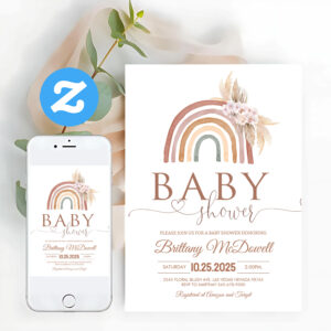 Pink Pampas Grass Boho Rainbow Baby Shower Invitation