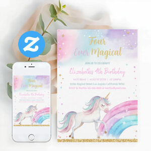 Four Ever Magical Unicorn 4th Birthday Invitation