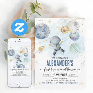 First Trip Around The Sun Outer Space Birthday Invitation