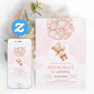 Teddy Bear Girl 1st Beary First Birthday Invitation