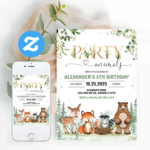 Woodland Party Creatures Theme Birthday Invitation