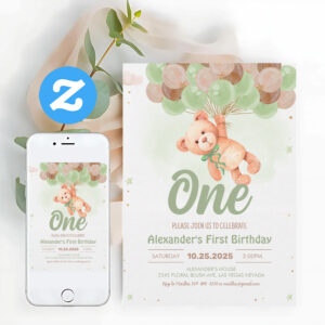 Teddy Bear Boy Bear With Balloons Birthday Invitation