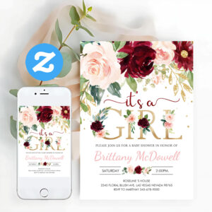 Its A Girl Pink Floral Burgundy Baby Shower Invitation