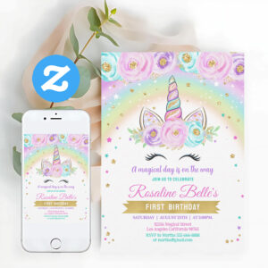 Floral Magical Rainbow Unicorn Birthday Invitation