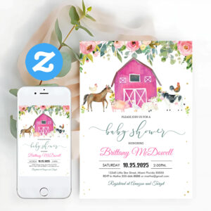 Pink Farm Animals Girl Baby Shower Invitation