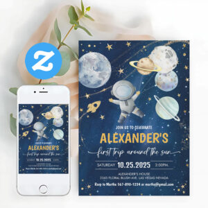 First Trip Around The Sun Outer Space Birthday Invitation