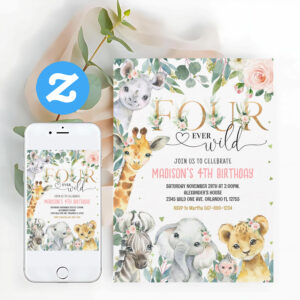 Four Ever Wild Gold Jungle Safari Animals Birthday Invitation