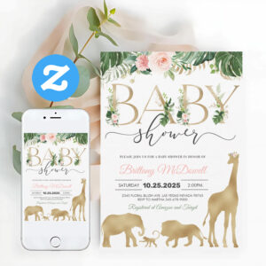 Girl Safari Gold Elephant Giraffe Baby Shower Invitation