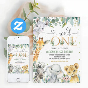 Wild One 1st Gold Jungle Animals Birthday Invitation