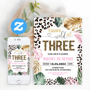 Young Wild And Three Leopard Print Jungle Birthday Invitation