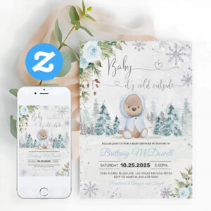 Teddy Bear Boy Its Cold Outside Baby Shower Invitation