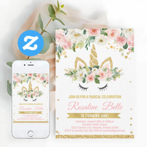 Unicorn Pink And Gold Floal Girl Magical Birthday Invitation