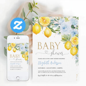 Lemon Baby Shower Blue Gold Lemon Shower Invitation