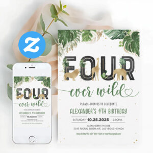 Four Ever Wild Safari Animals Birthday Invitation