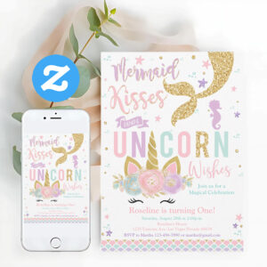 Mermaid Kisses Unicorn Wishes Birthday Invitation