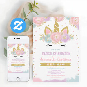 Magical Rainbow Unicorn 1st Birthday Invitation