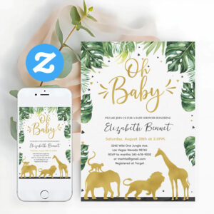 Elephant Giraffe Wild One Jungle Gold Baby Shower Invitation