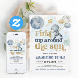 First Trip Around The Sun Outer Space Birthday Invitation