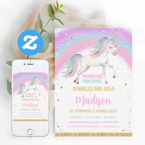 3rd Rainbow Pastel Unicorn Birthday Invitation