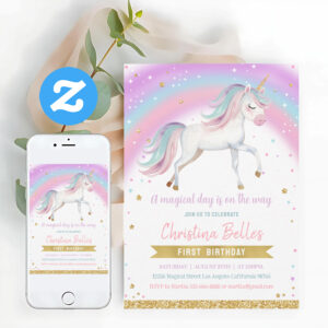 Magical Rainbow Unicorn 1st Birthday Invitation