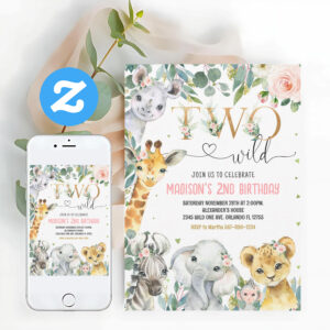 Girl Two Wild 2nd Gold Jungle Animals Birthday Invitation