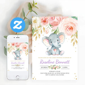 Purple Elephant Floral Flower Baby Shower Invitation