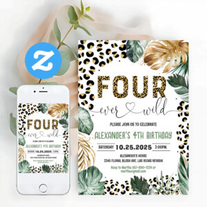 Four Ever Wild Leopard Print Jungle Birthday Invitation