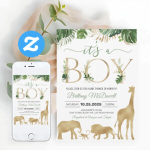 Its A Boy Elephant Safari Gold Baby Shower Invitation