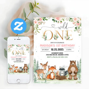 Girl Wild One Woodland First Birthday Invitation