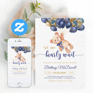 Gold Blue Bear With Balloon Teddy Bear Baby Shower Invitation