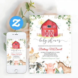 Red Farm Animals Boy Baby Shower Invitation