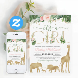 Its A Girl Safari Gold Baby Shower Invitation